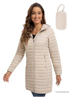 Packable Puffer Jacket Women Lightweight Hooded Quilted Long Travel Coat